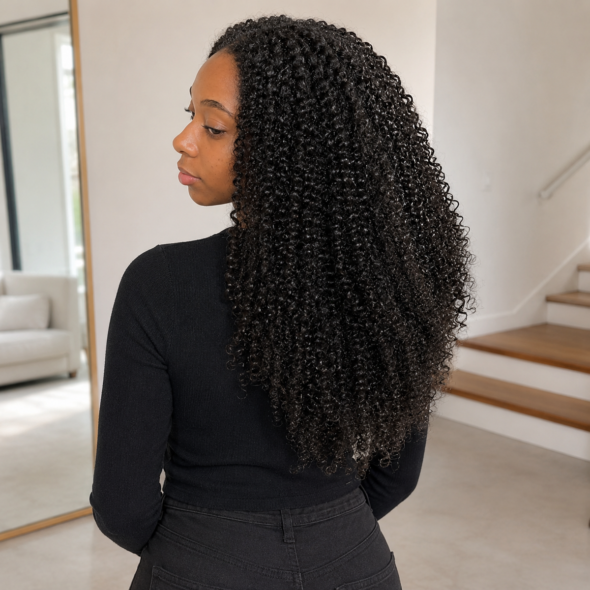 Model wearing Afro Kinky Curly Human Hair for Crochet Braids – Pre-Separated in back lifestyle view