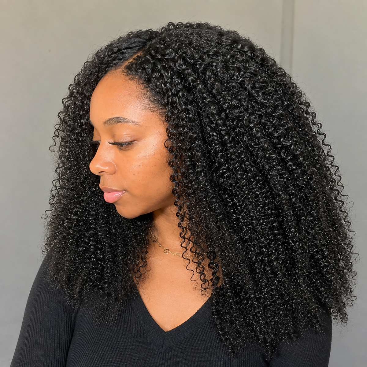 Model wearing Afro Kinky Curly Human Hair for Crochet Braids – Pre-Separated in detail lifestyle view
