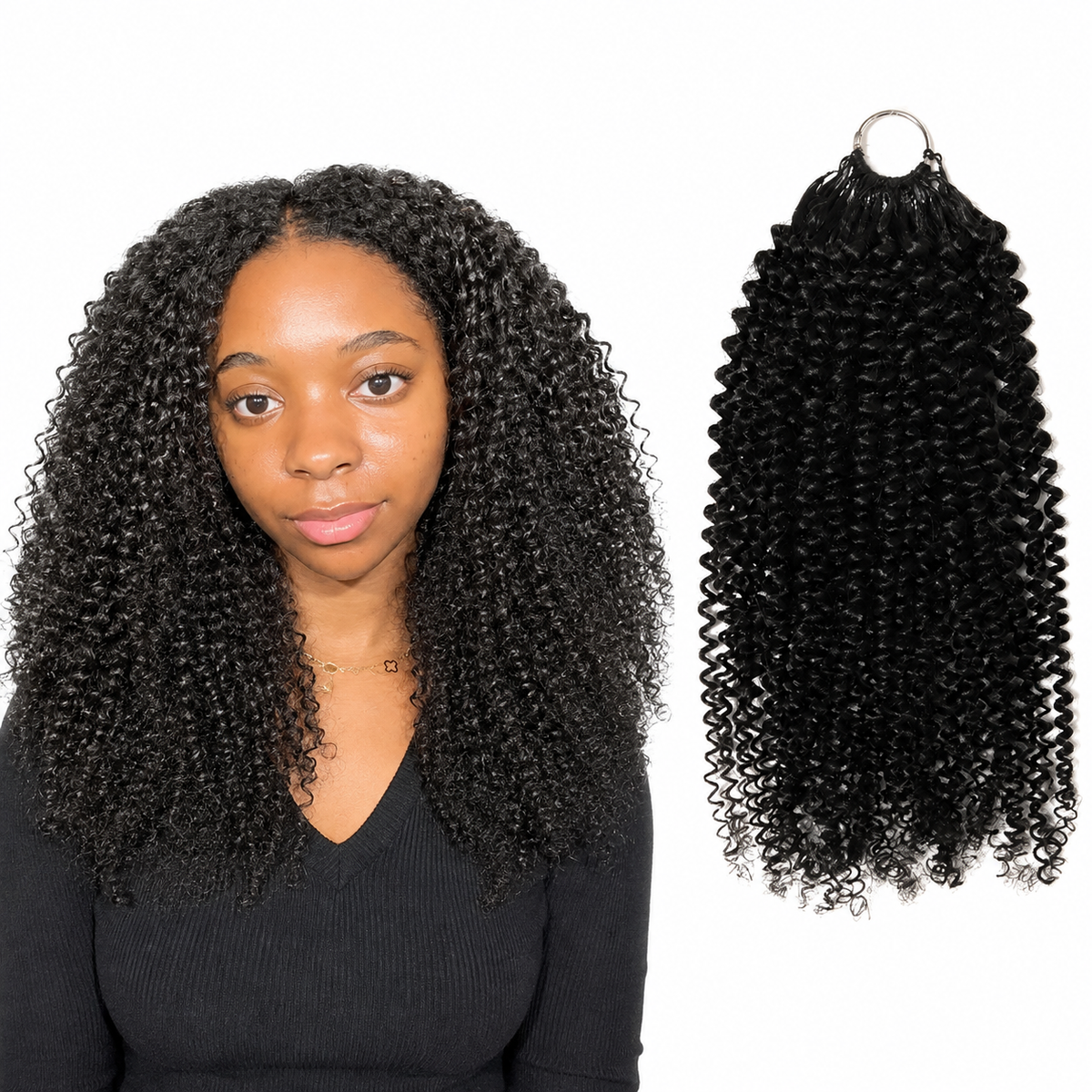 Afro Kinky Curly Human Hair for Crochet Braids – Pre-Separated with model and hair product on white background