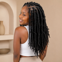 Back view of long Afro Kinky human hair loc extensions