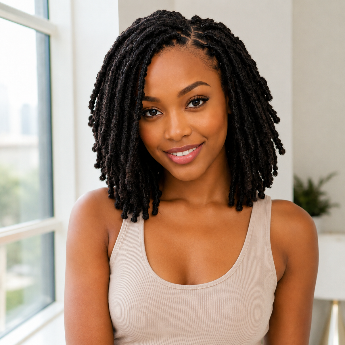 Model wearing Afro Kinky Remy Human Hair Bulk for Braids & Locs – 50g in indoor lifestyle view