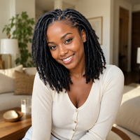 Black woman wearing shoulder length Afro Kinky soft loc extensions indoors