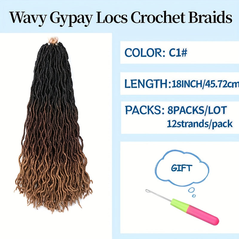 18-Inch Brown Goddess Wavy Faux Locs Crochet Hair Extensions - Natural Looking Synthetic Dreadlocks with Curly Ends, Versatile Styling for All Women, Ethnic Hairstyle Variety|Shoulderlength Locs