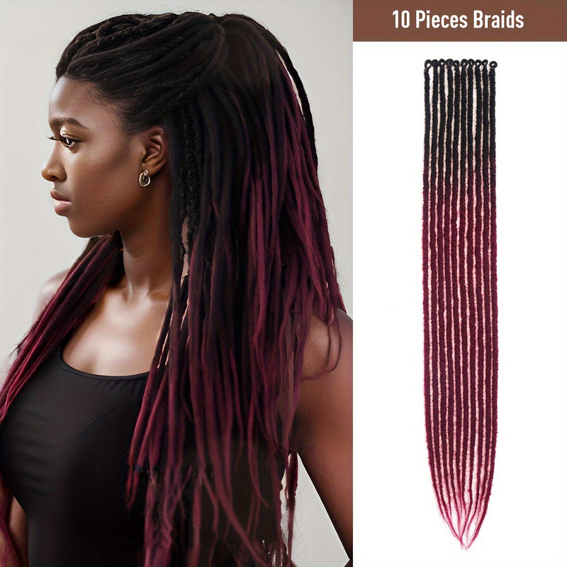 10-Strands Ombre Synthetic Dreadlock Braids – Pre-Looped Crochet Hair Extensions (Black-Grey-Purple / Multi-Color) – Lightweight Protective Locs