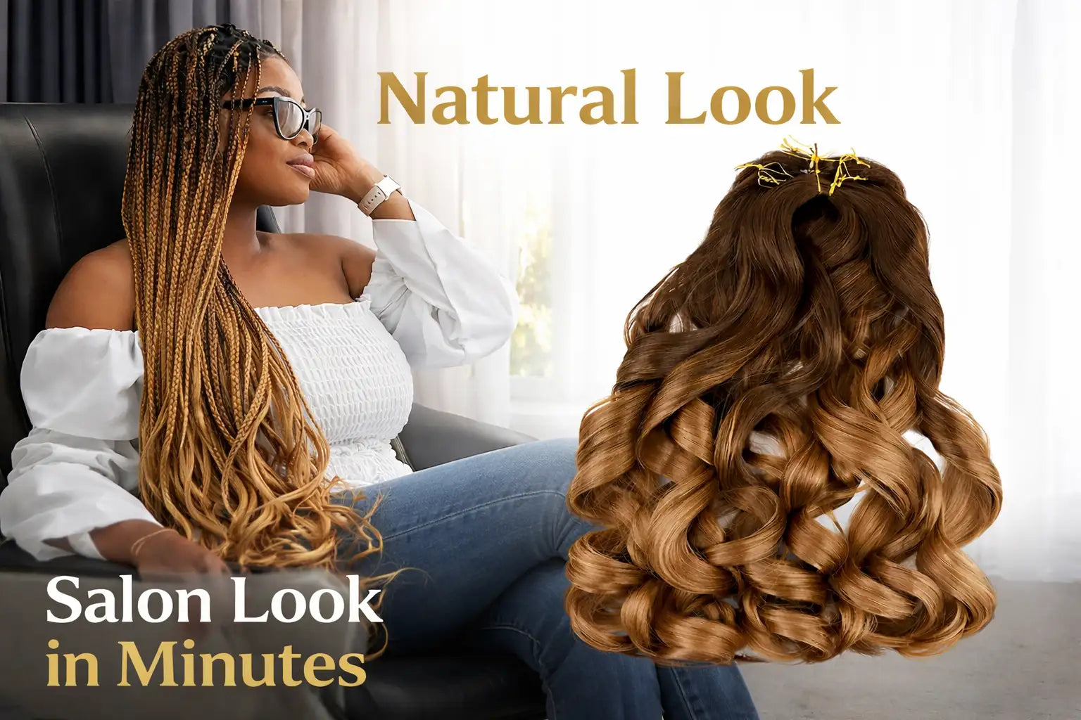 Woman with styled hair and a close-up of hair extensions with text 'Natural Look' and 'Salon Look in Minutes'.