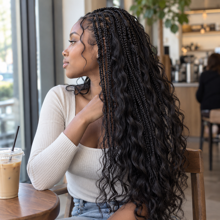 Natural black Body Wave human hair styled in boho braids at a cafe