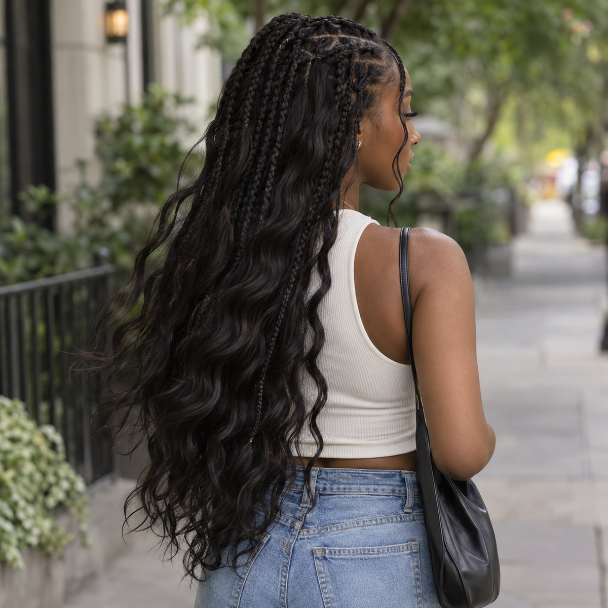 Outdoor side view of flowing Body Wave human hair boho braids