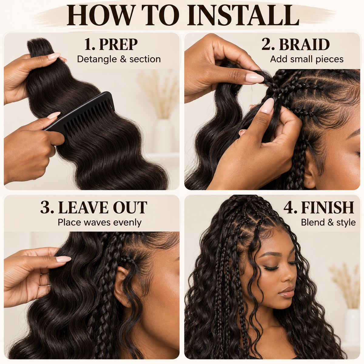 Four-step installation guide for Body Wave bulk human hair boho braids