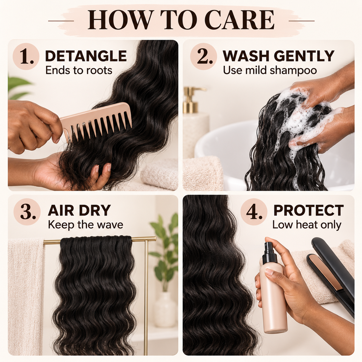 Four-step care guide for Body Wave human hair