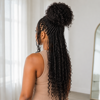 Model wearing Boho Box Braids with Human Hair Curls – Pre-Looped in back lifestyle view