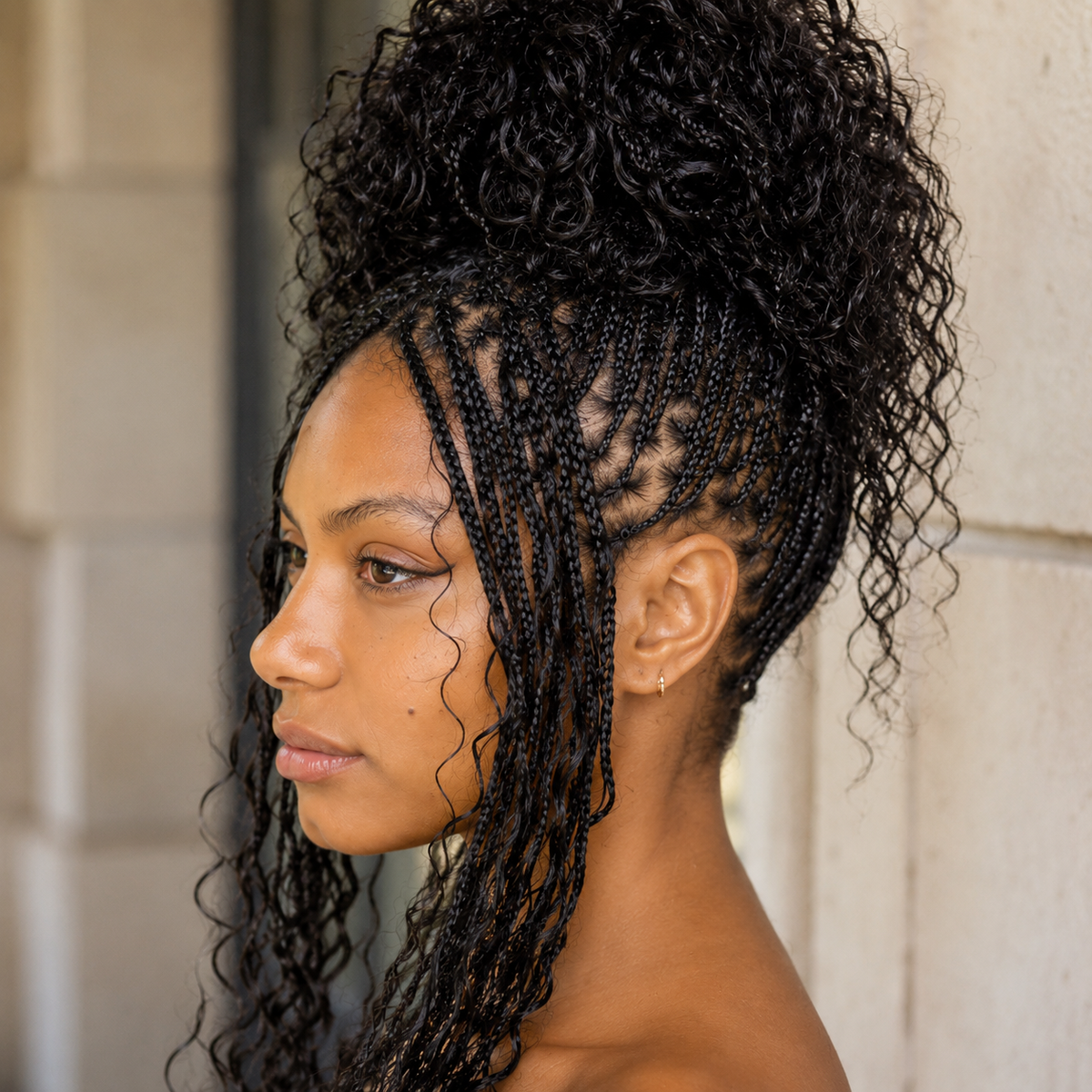 Model wearing Boho Box Braids with Human Hair Curls – Pre-Looped in detail lifestyle view