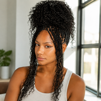 Model wearing Boho Box Braids with Human Hair Curls – Pre-Looped in indoor lifestyle view