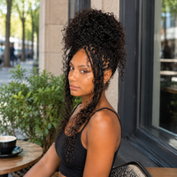 Model wearing Boho Box Braids with Human Hair Curls – Pre-Looped in outdoor lifestyle view