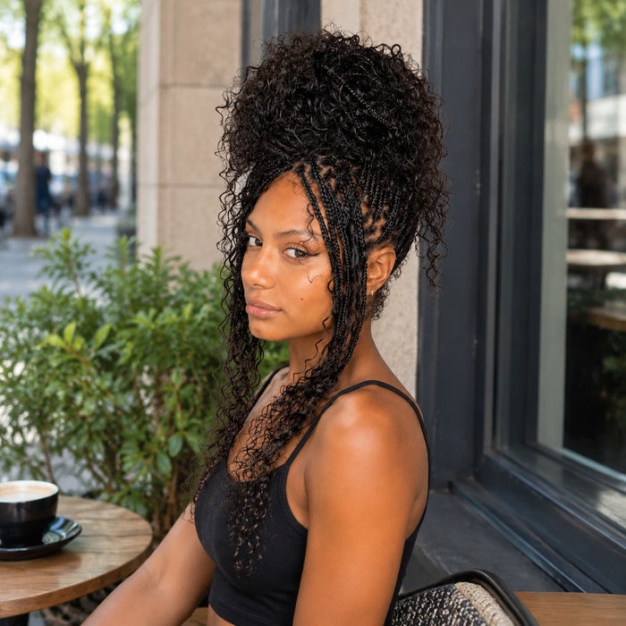 Model wearing Boho Box Braids with Human Hair Curls – Pre-Looped in outdoor lifestyle view