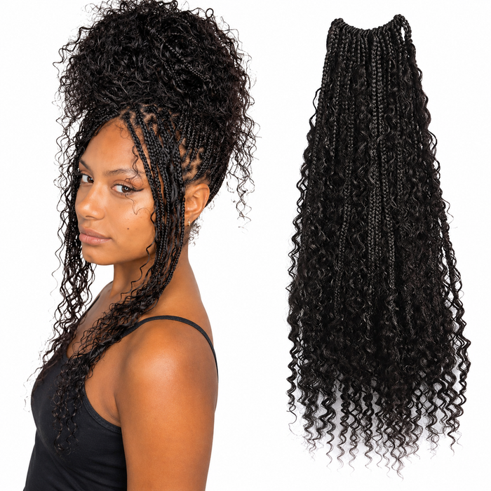 Boho Box Braids with Human Hair Curls – Pre-Looped with model and hair product on white background