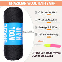 8 Pcs Brazilian Wool Braiding Hair – Acrylic Yarn for Crochet Box Braids, Senegalese Twist & Faux Locs Extensions