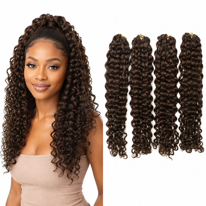Curly Human Hair for Crochet Braids – Colors #4, #27 & #30 with model and hair product on white background