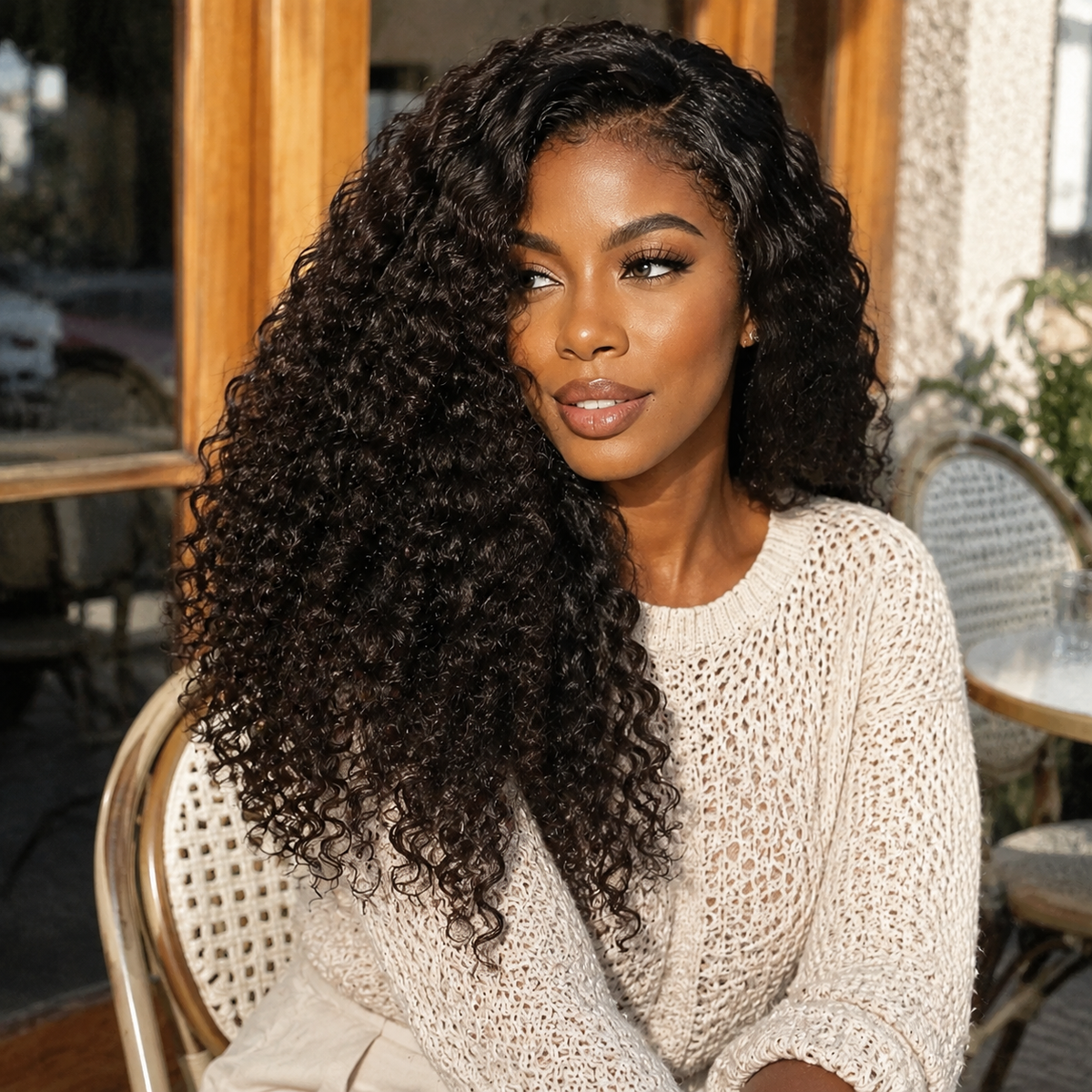 Model wearing Curly Human Hair for Crochet Braids – Pre-Separated in outdoor lifestyle view