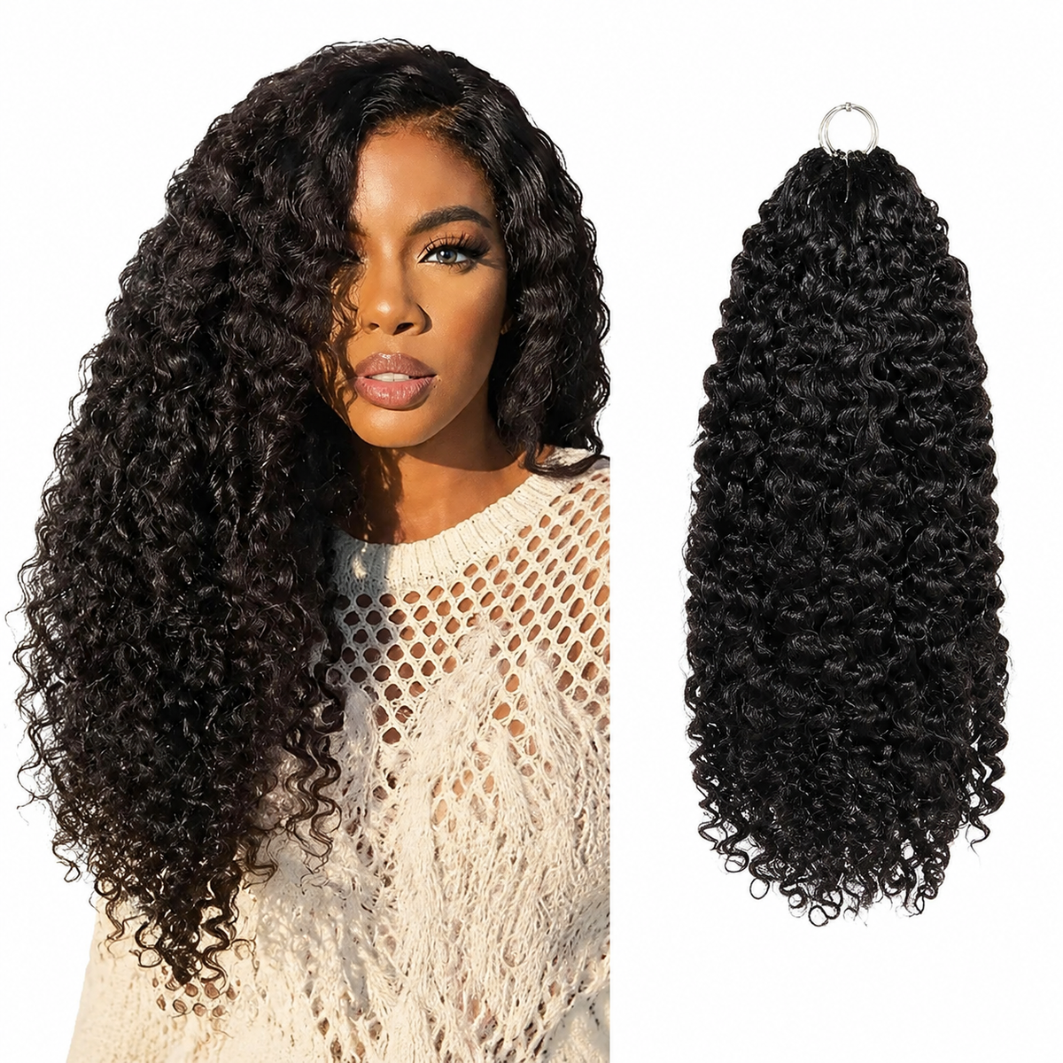 Curly Human Hair for Crochet Braids – Pre-Separated with model and hair product on white background