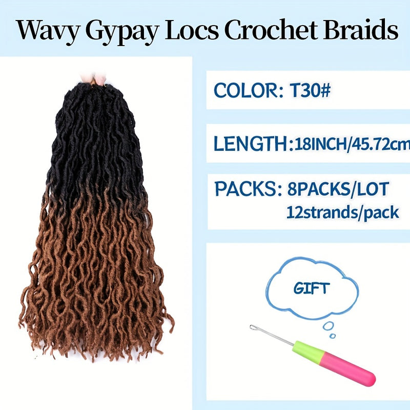 18-Inch Brown Goddess Wavy Faux Locs Crochet Hair Extensions - Natural Looking Synthetic Dreadlocks with Curly Ends, Versatile Styling for All Women, Ethnic Hairstyle Variety|Shoulderlength Locs