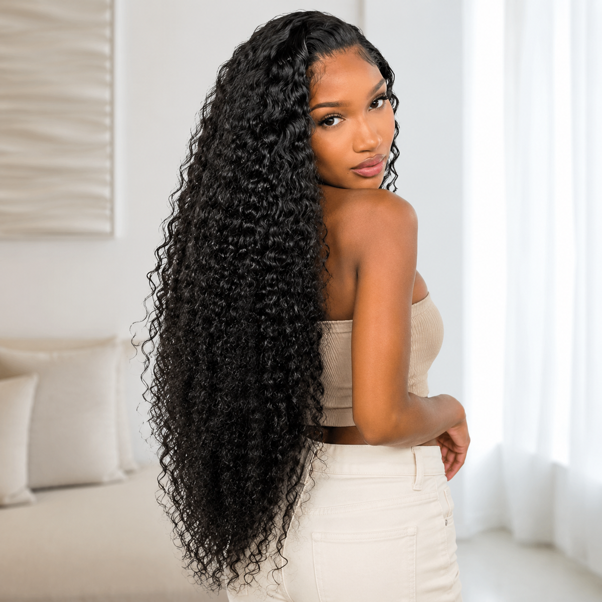 Model wearing Deep Wave Human Hair for Crochet Braids – Pre-Separated in back lifestyle view