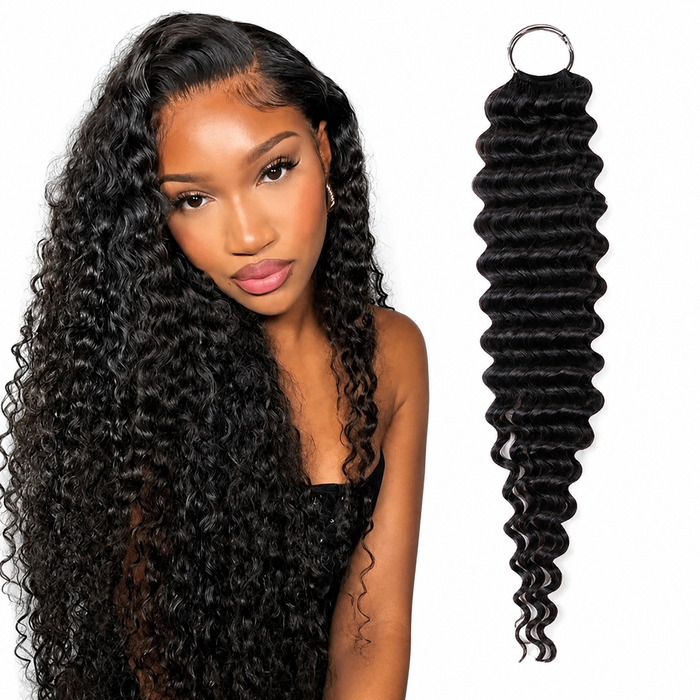 Deep Wave Human Hair for Crochet Braids – Pre-Separated with model and hair product on white background