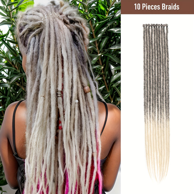 10-Strands Ombre Synthetic Dreadlock Braids – Pre-Looped Crochet Hair Extensions (Black-Grey-Purple / Multi-Color) – Lightweight Protective Locs