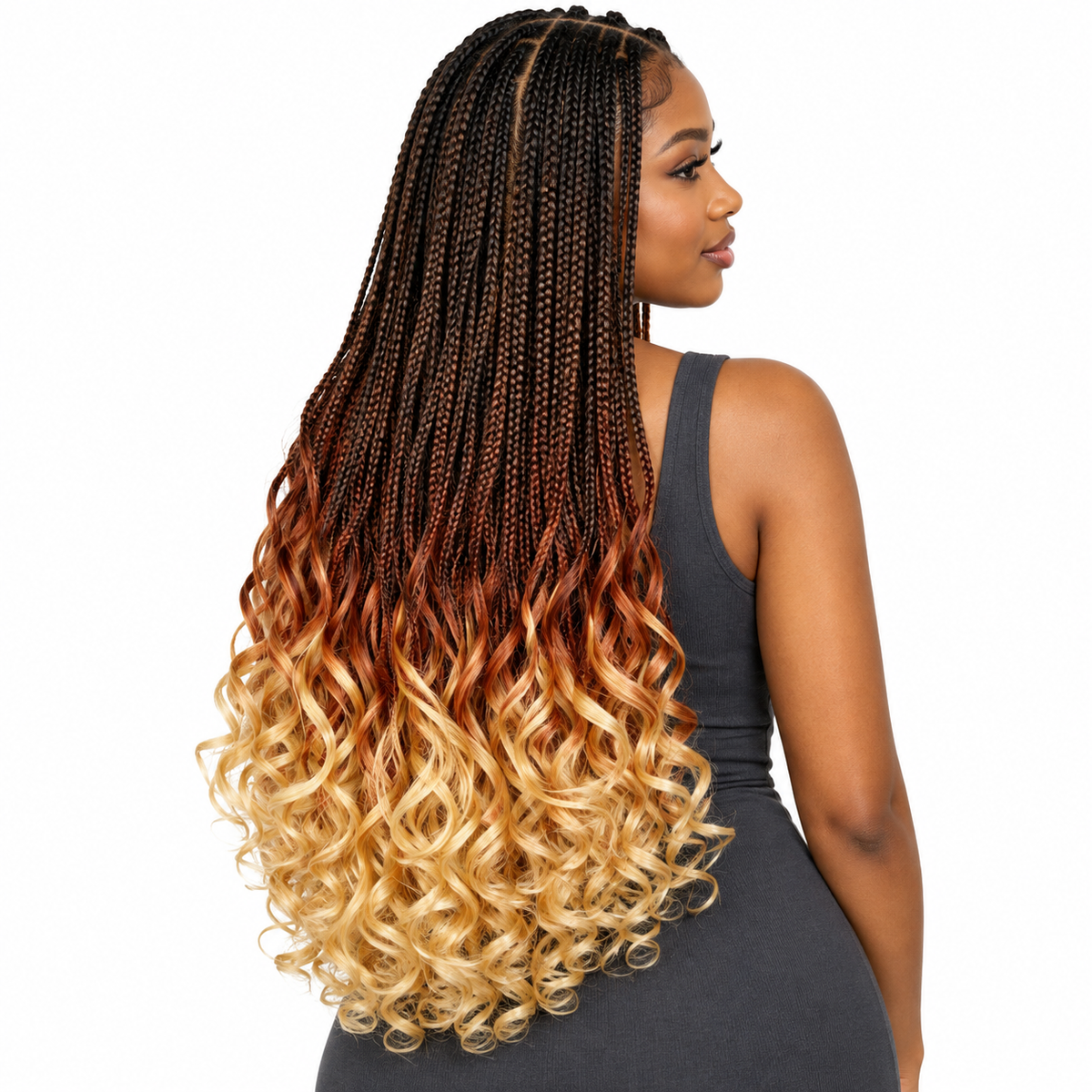 Black–Copper–Blonde Ombré French Curl braiding hair, styled with multiple 150g packs