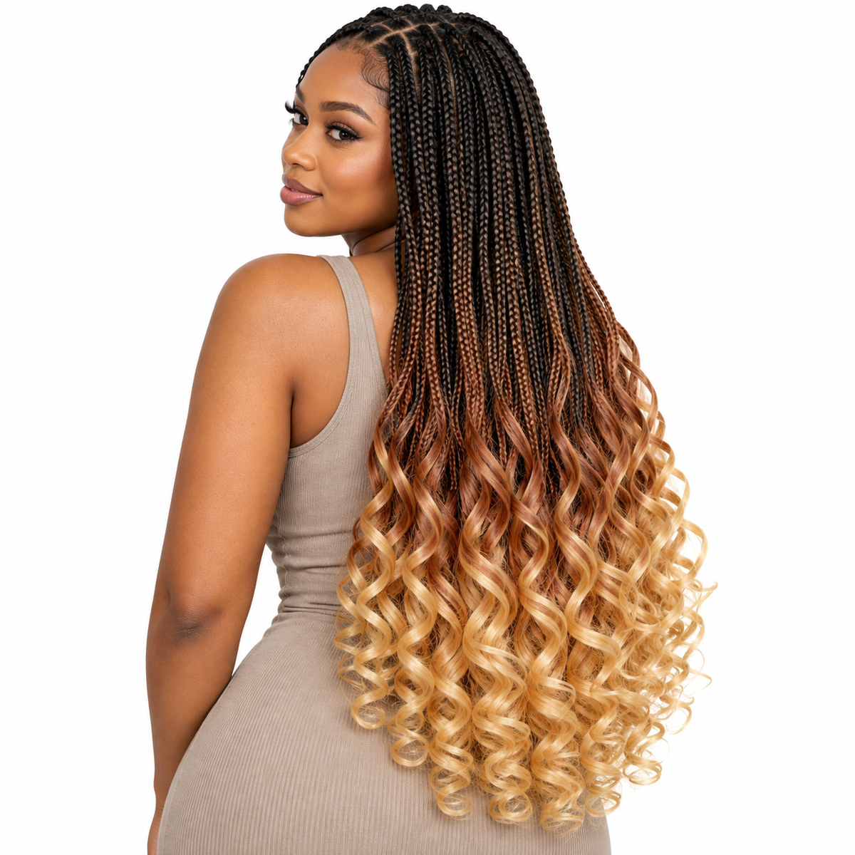 Black–Caramel–Honey Ombré French Curl braiding hair, styled with multiple 150g packs