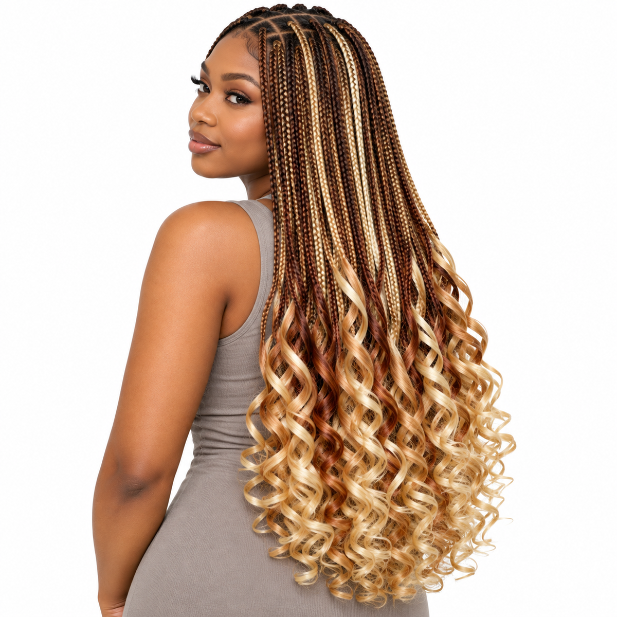 Honey, Auburn & Blonde Blend French Curl braiding hair, styled with multiple 150g packs