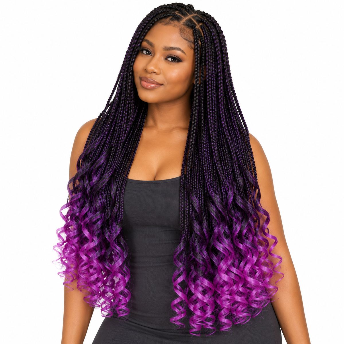 Black with Violet Tips French Curl braiding hair, styled with multiple 150g packs