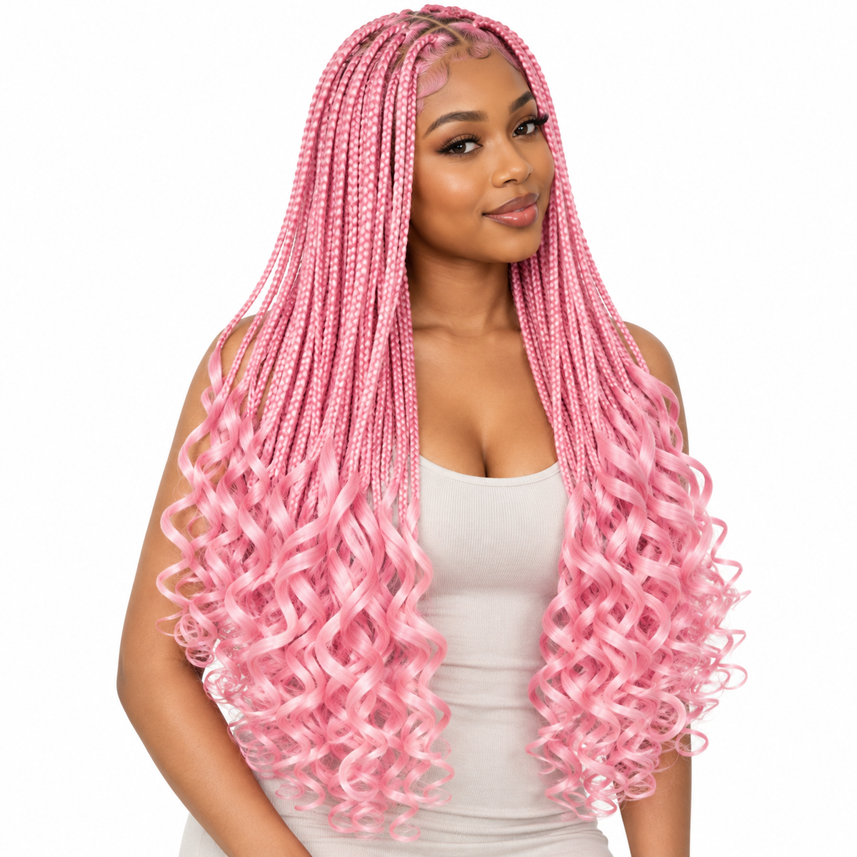 Candy Pink French Curl braiding hair, styled with multiple 150g packs