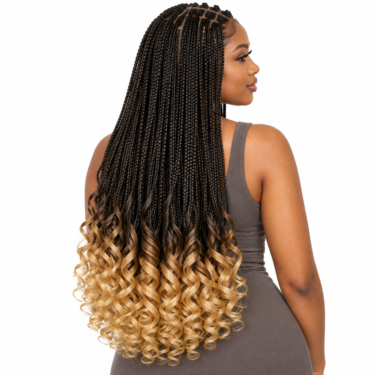 Black with Honey Tips French Curl braiding hair, styled with multiple 150g packs