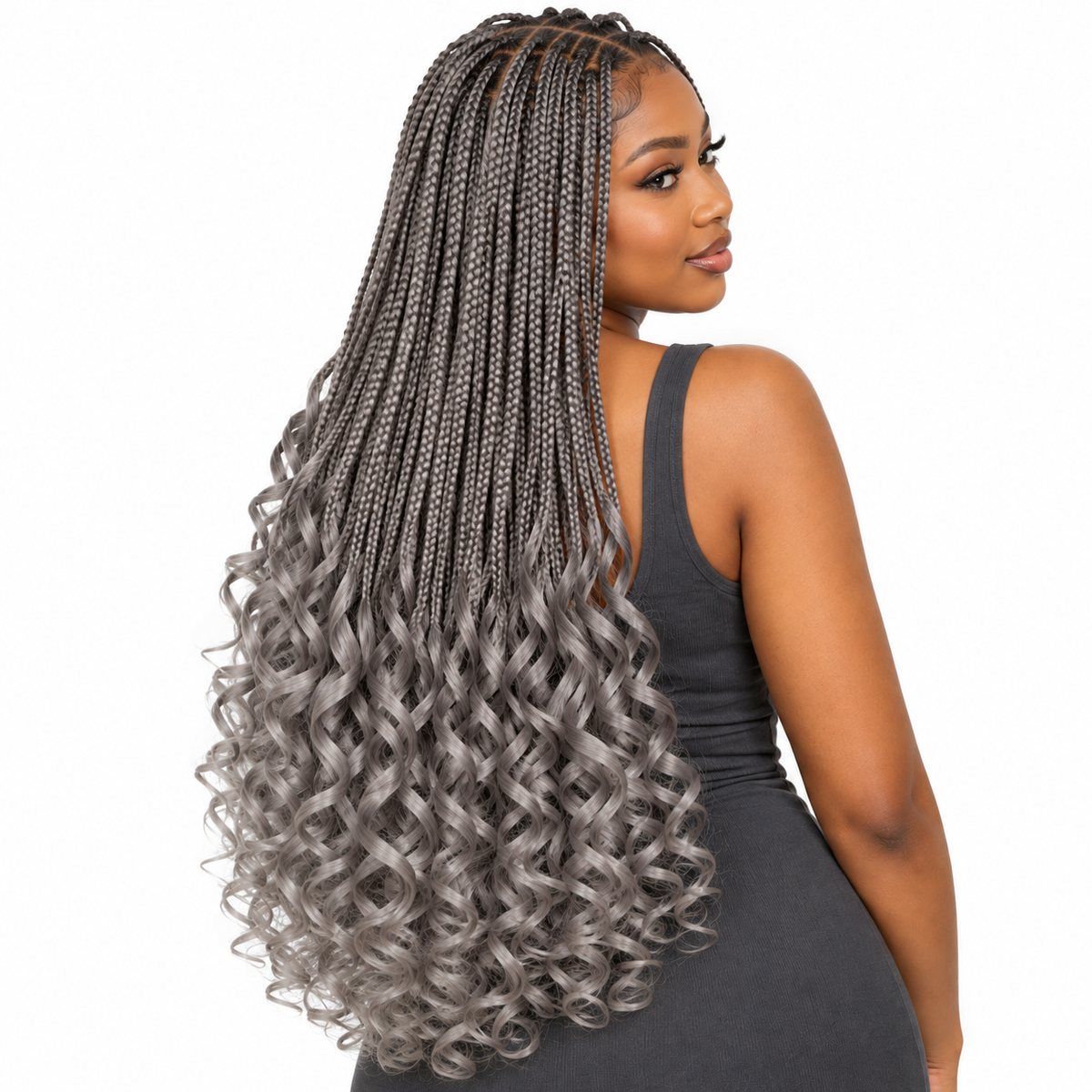 Smoky Gray French Curl braiding hair, styled with multiple 150g packs