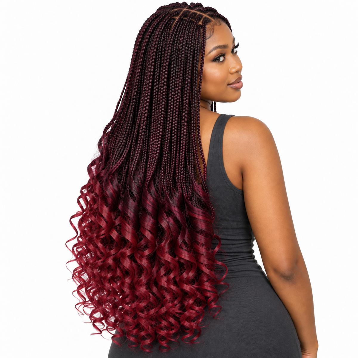 Dark Plum–Burgundy Ombré French Curl braiding hair, styled with multiple 150g packs