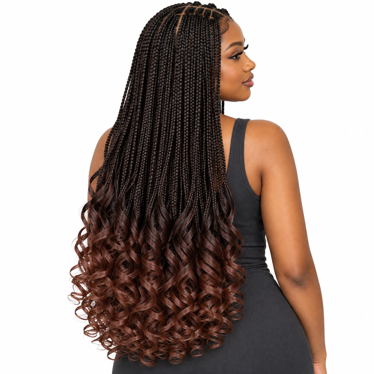 Black with Auburn Tips French Curl braiding hair, styled with multiple 150g packs