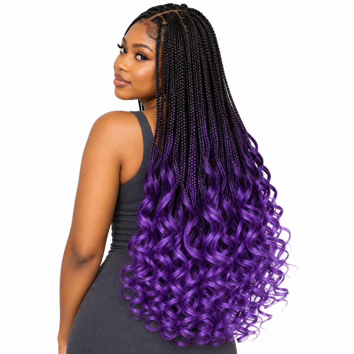 Black–Purple Ombré French Curl braiding hair, styled with multiple 150g packs