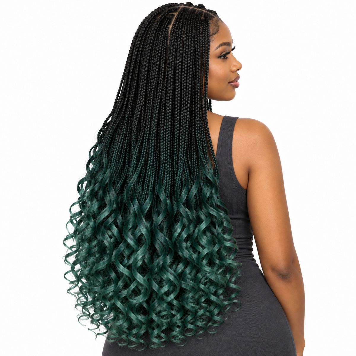 Black–Emerald Ombré French Curl braiding hair, styled with multiple 150g packs