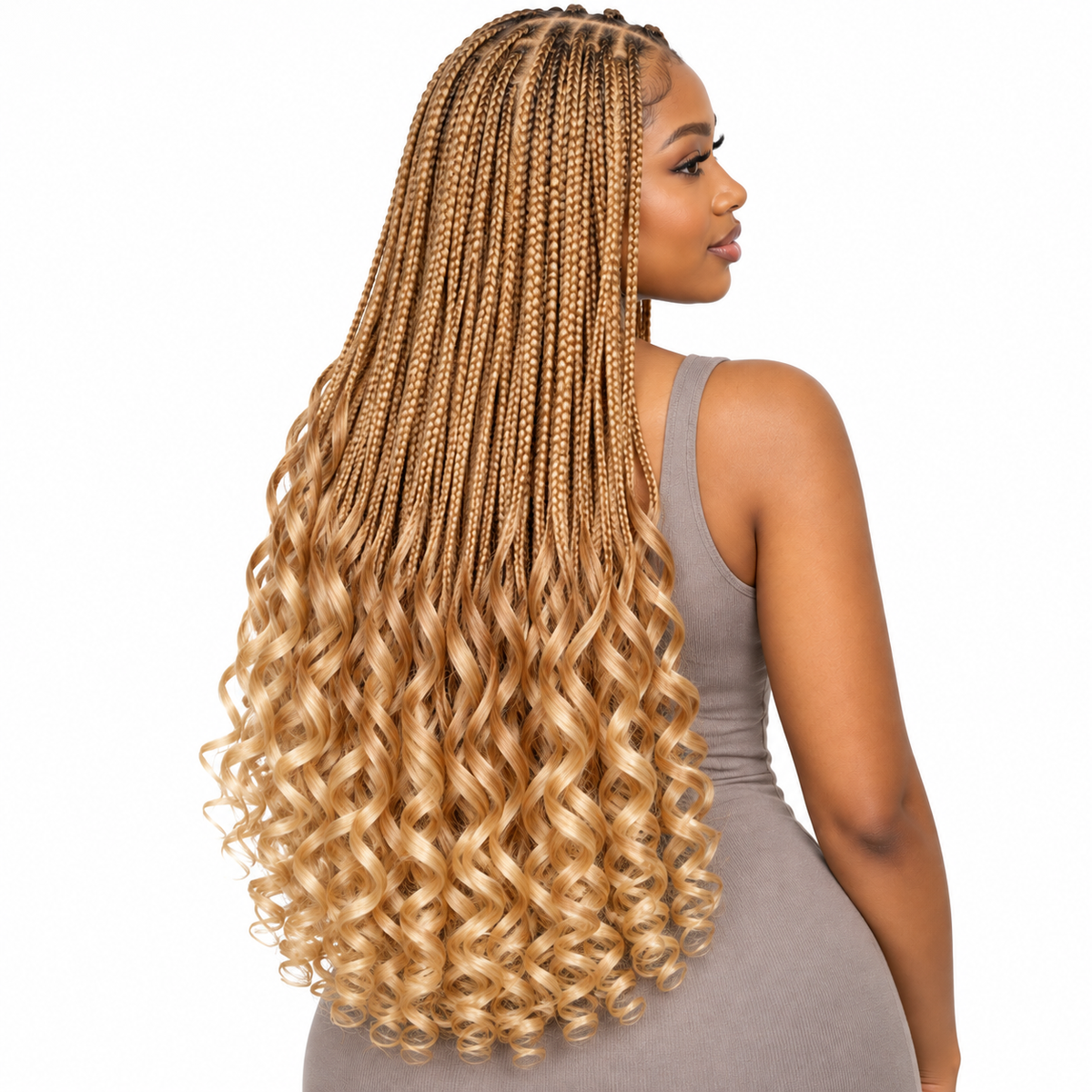 Honey Blonde French Curl braiding hair, styled with multiple 150g packs