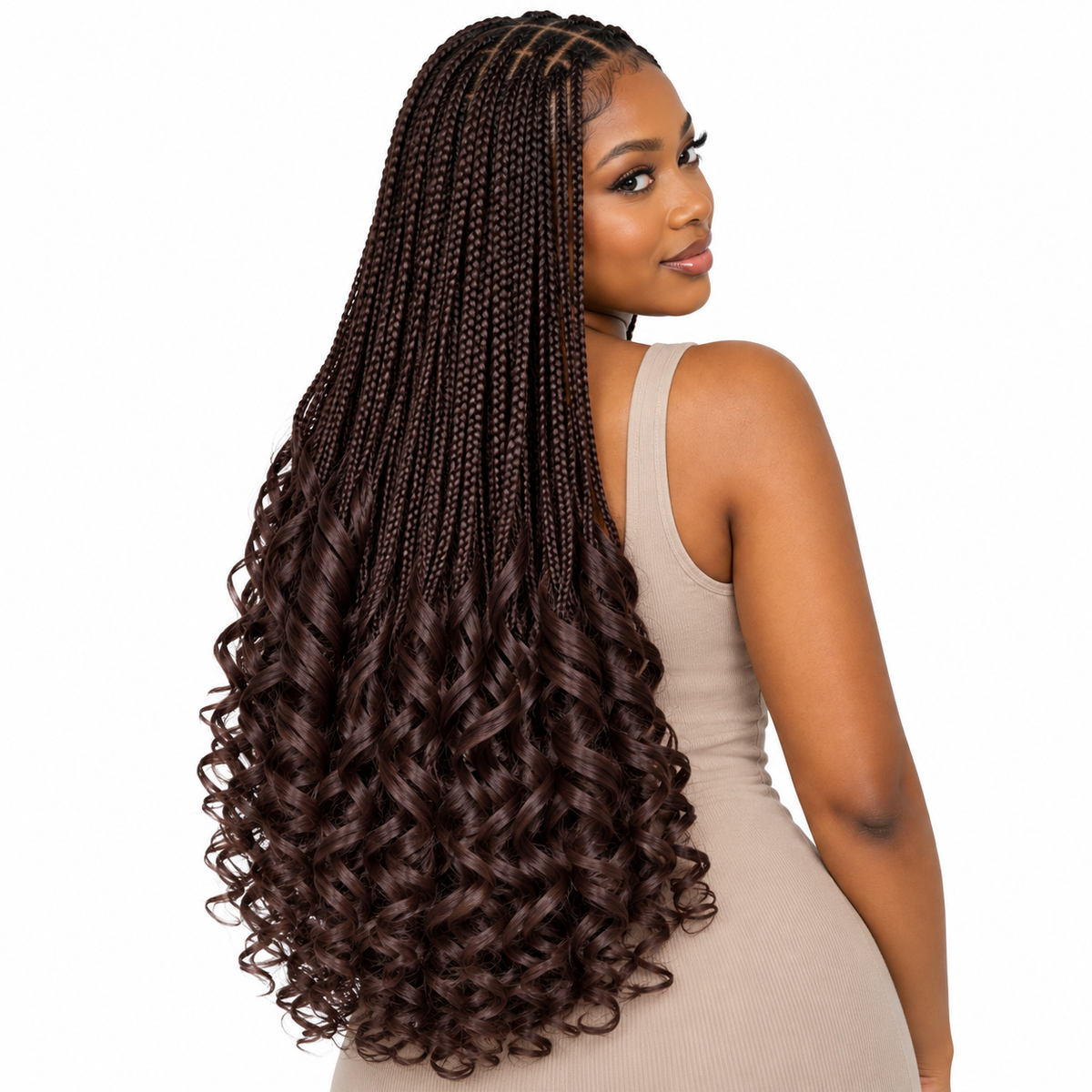 Dark Chocolate French Curl braiding hair, styled with multiple 150g packs