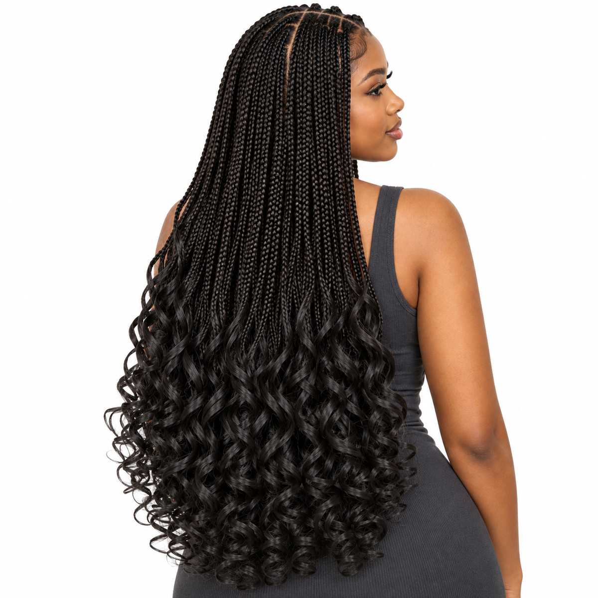 Natural Black French Curl braiding hair, styled with multiple 150g packs