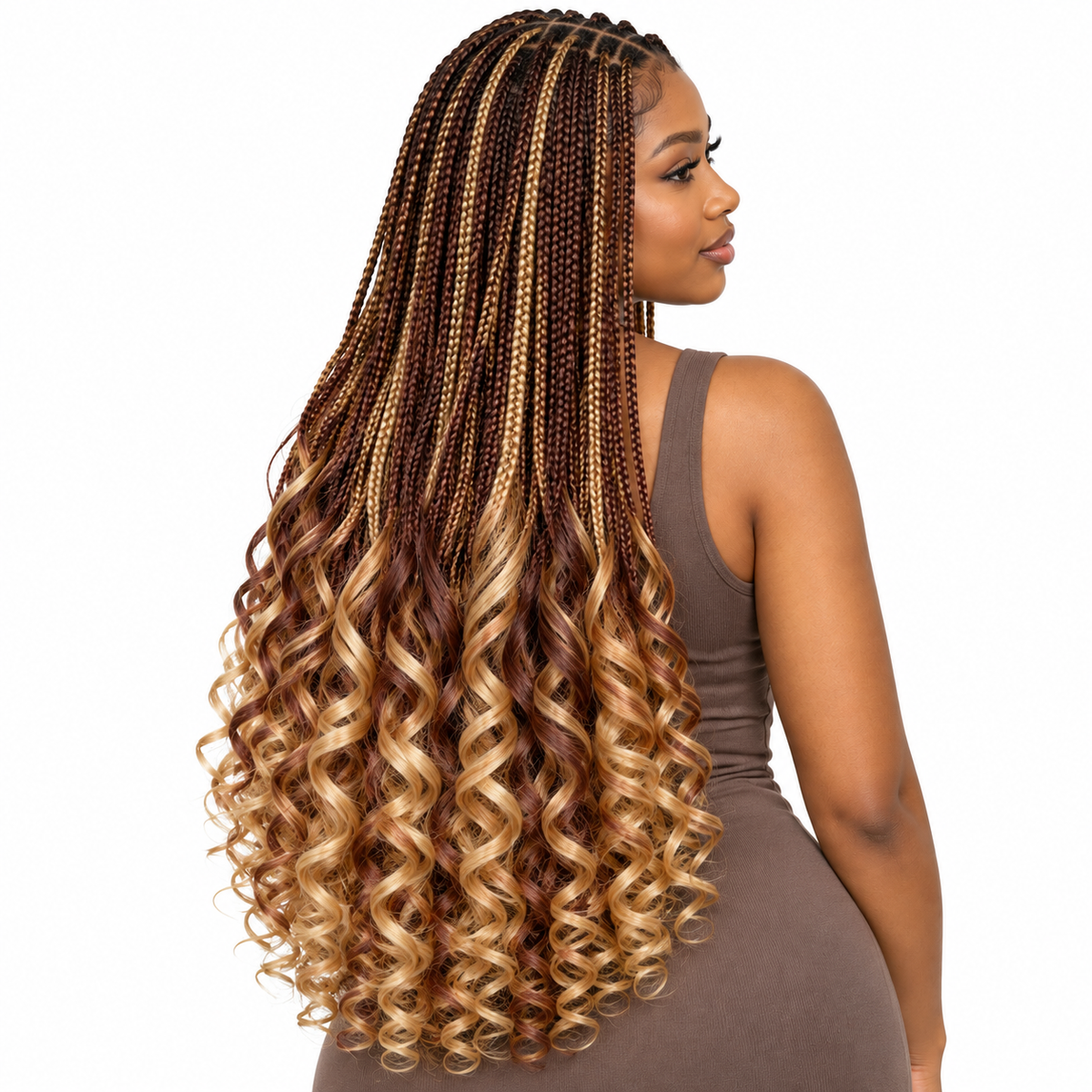 Honey & Auburn Blend French Curl braiding hair, styled with multiple 150g packs