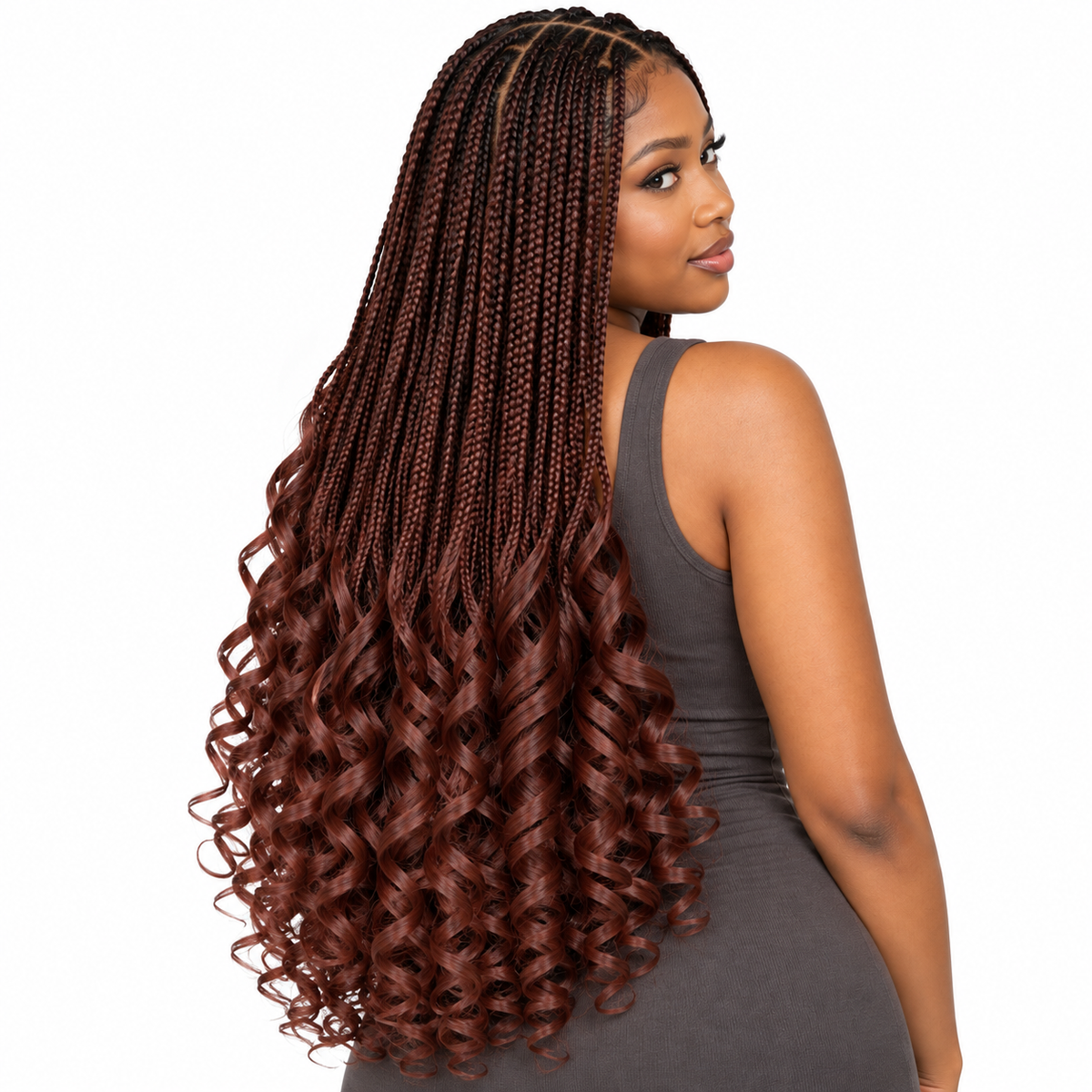 Dark Auburn French Curl braiding hair, styled with multiple 150g packs