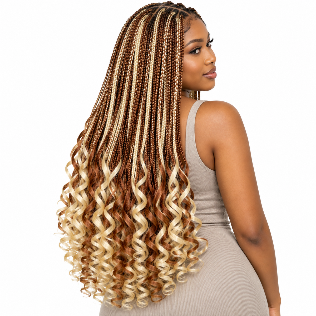 Copper & Platinum Blend French Curl braiding hair, styled with multiple 150g packs