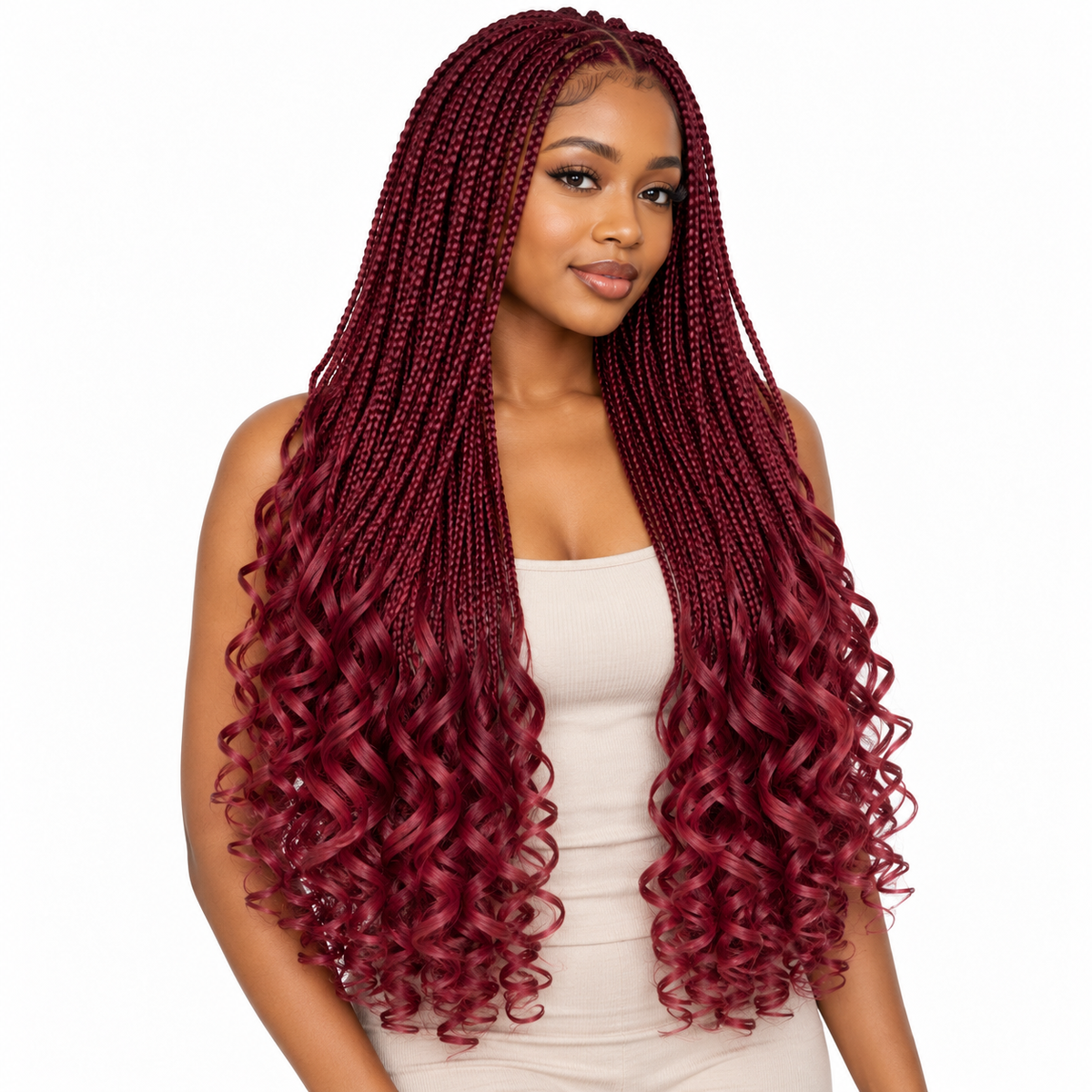 Burgundy French Curl braiding hair, styled with multiple 150g packs