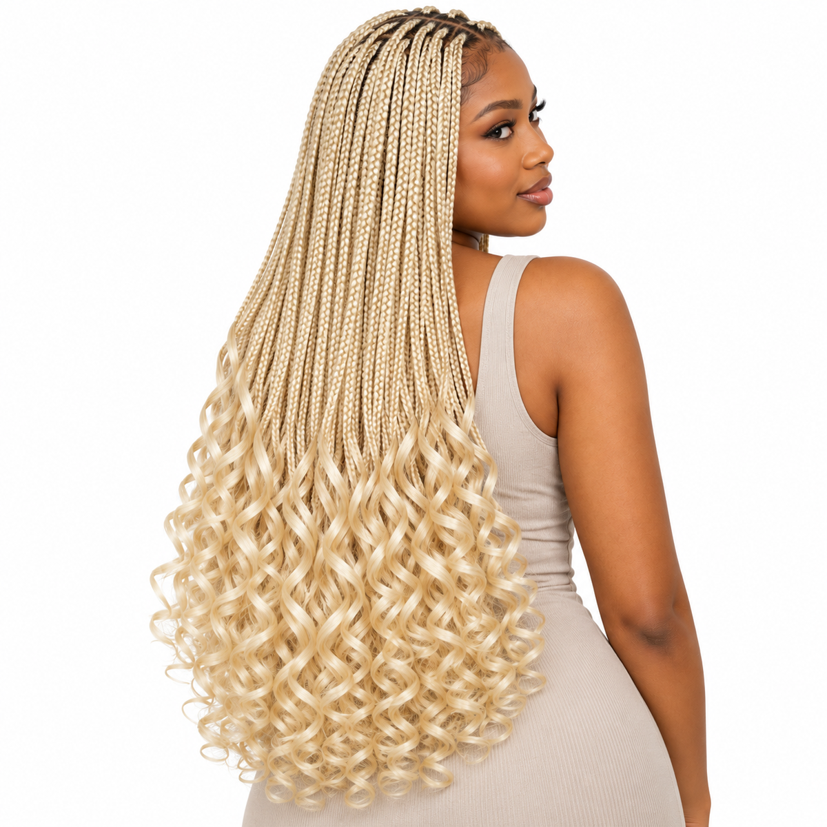 Platinum Blonde French Curl braiding hair, styled with multiple 150g packs
