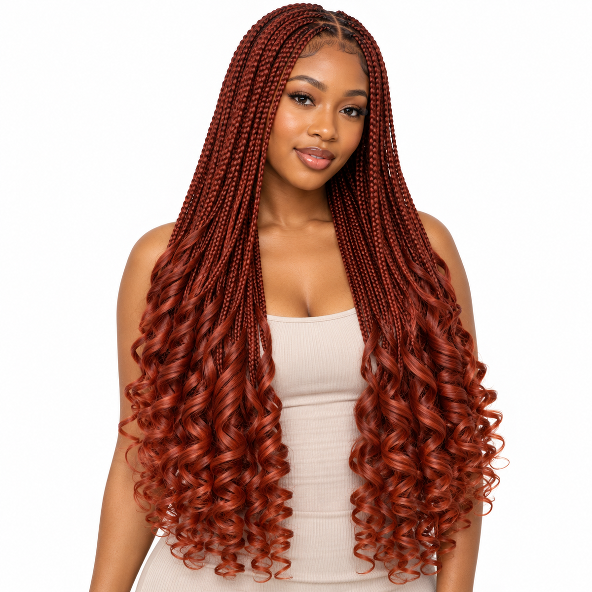 Burnt Orange French Curl braiding hair, styled with multiple 150g packs