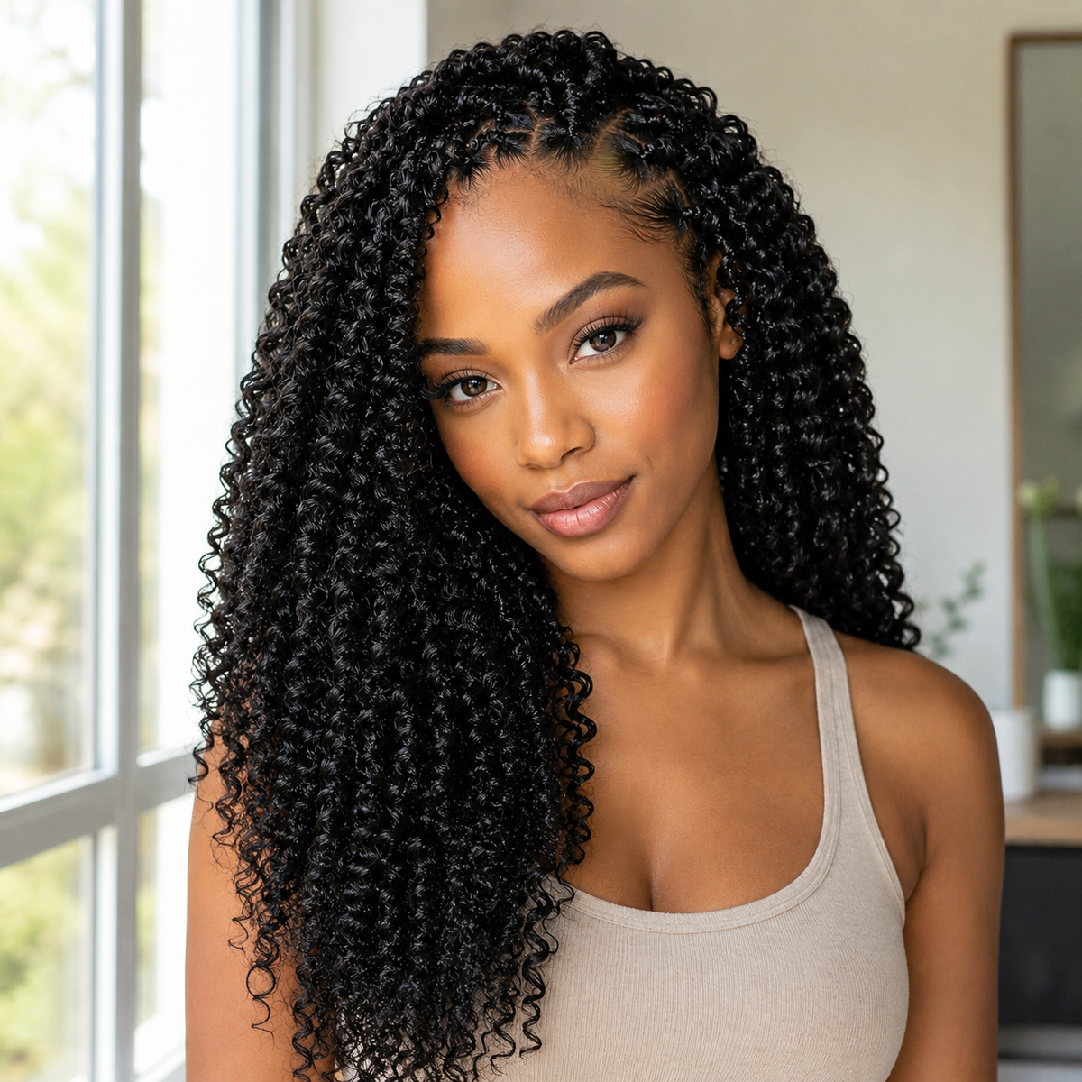 Model wearing Kinky Curly Human Hair for Crochet Braids – Pre-Separated String in indoor lifestyle view