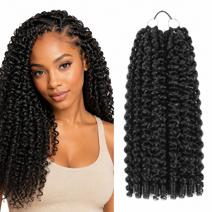 Kinky Curly Human Hair for Crochet Braids – Pre-Separated String with model and hair product on white background