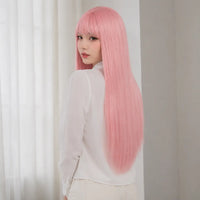 Back view of pastel pink 26 inch straight wig with bangs